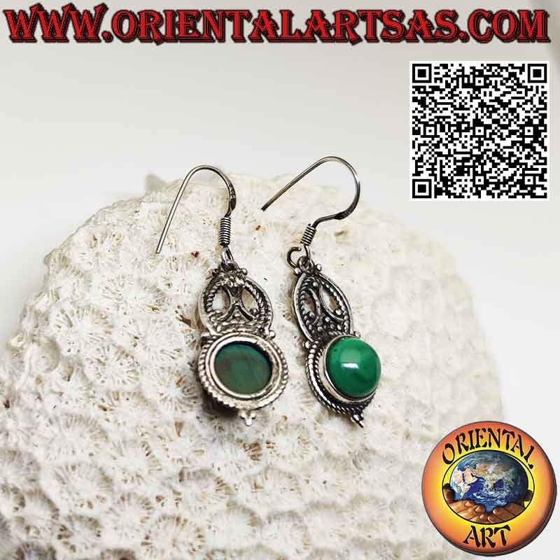 Silver earrings with ethnic decorations and round cabochon malachite