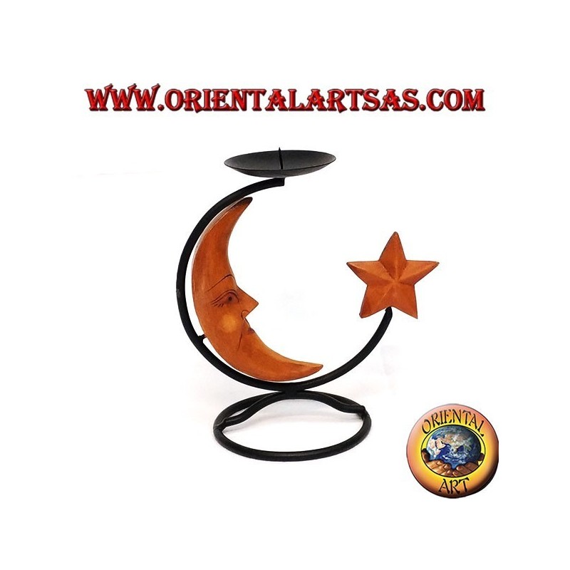 Fer bougeoir avec la lune et les étoiles en bois