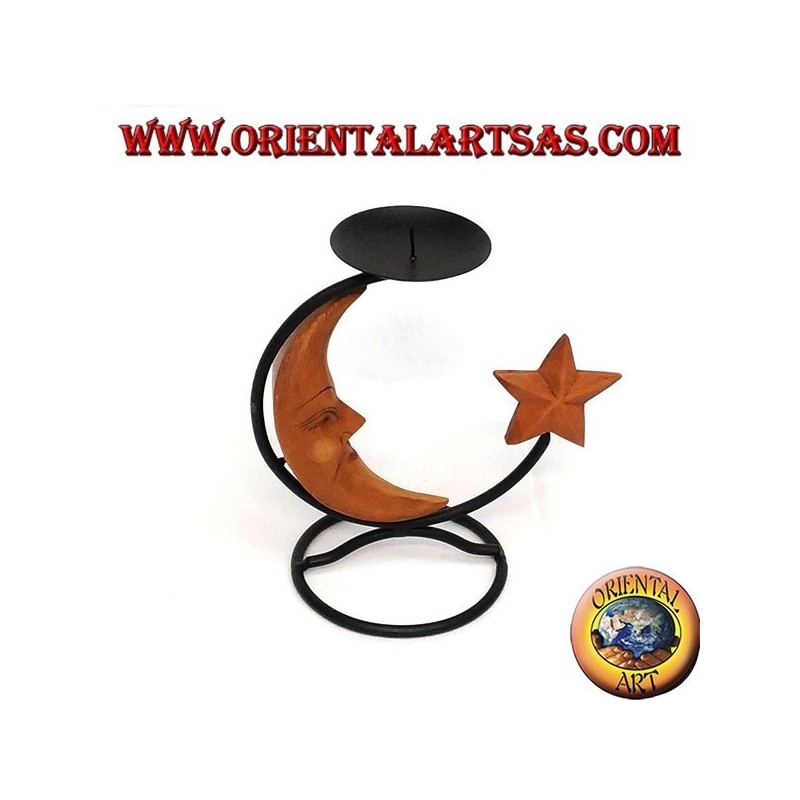 Iron candlestick with moon and star in wood