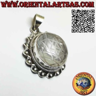 Colgante de plata con Sri Yantra grabado en cristal de roca y borde retorcido