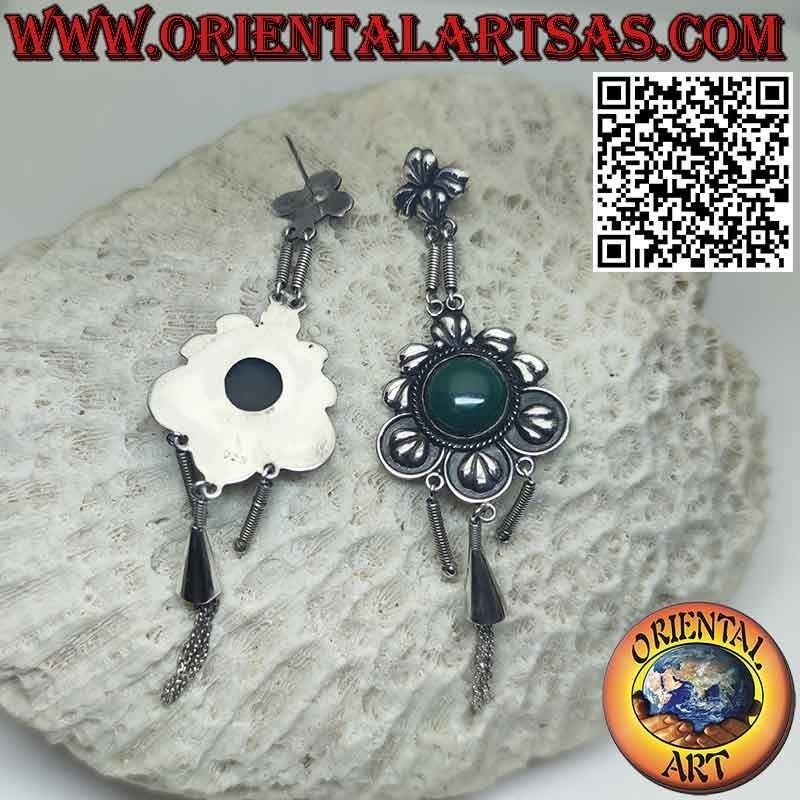 Grandes et longues boucles d'oreilles en argent avec agate verte ronde et pendentifs