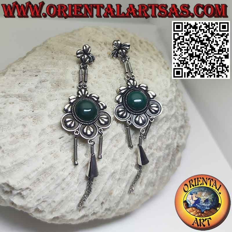 Large and long silver earrings with round green agate and pendants