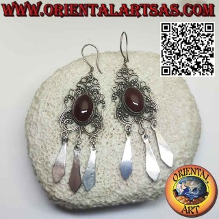 Grandes et longues boucles d'oreilles en argent avec cornaline ovale et pendentifs