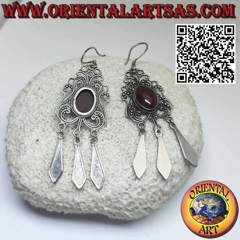 Large and long silver earrings with oval carnelian and pendants