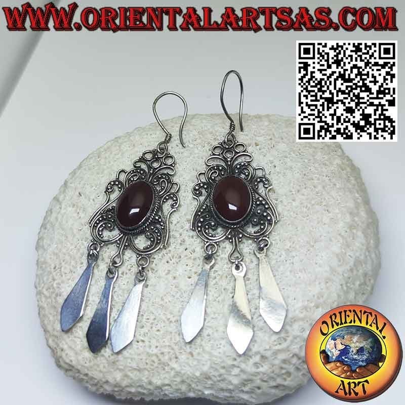 Large and long silver earrings with oval carnelian and pendants