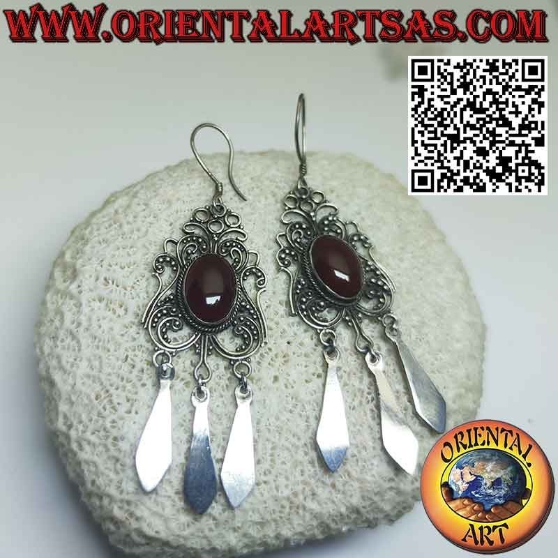 Grandes et longues boucles d'oreilles en argent avec cornaline ovale et pendentifs
