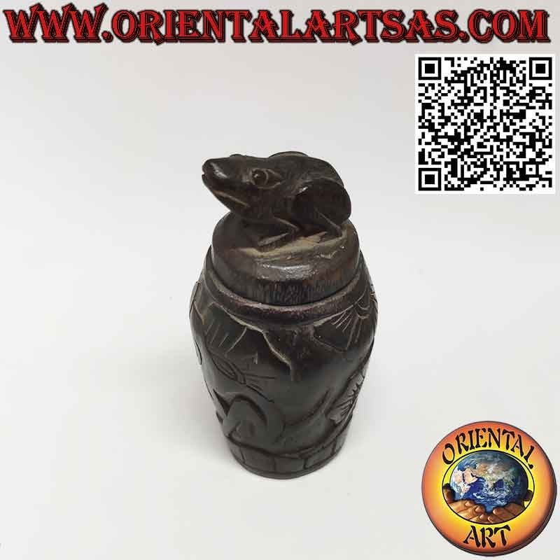 Runde Medikamentenbox aus handeingelegtem Holz mit Frosch auf der Kappe