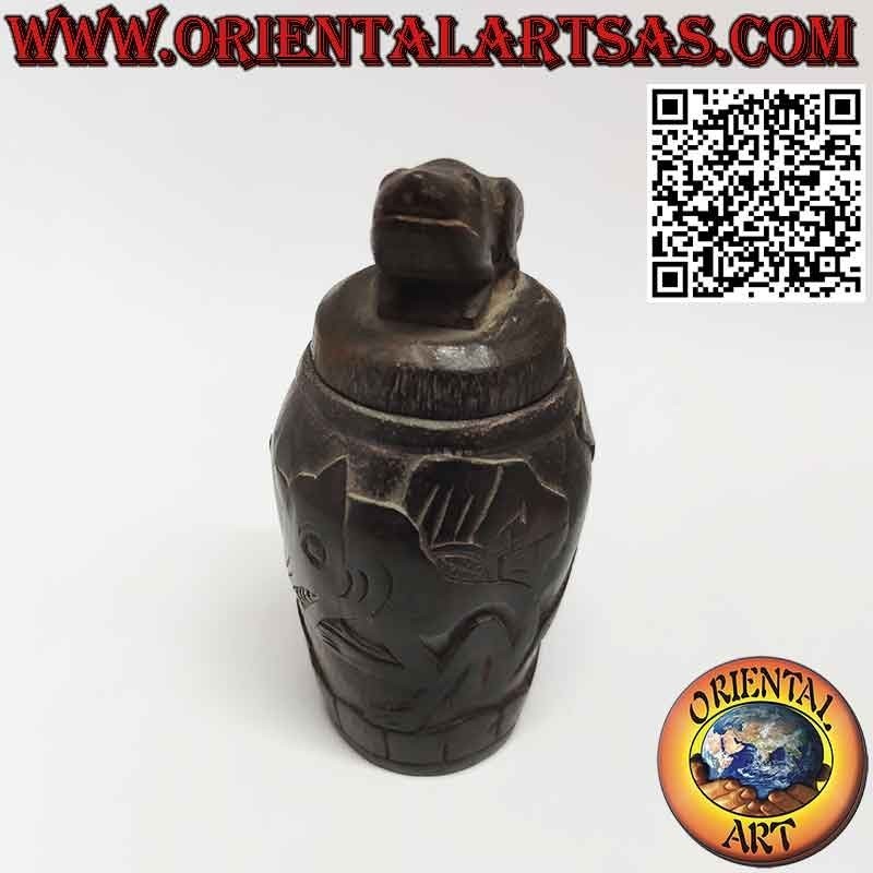 Round medicine box in hand-inlaid wood with frog on the cap