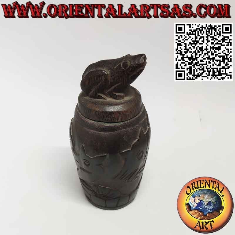 Round medicine box in hand-inlaid wood with frog on the cap