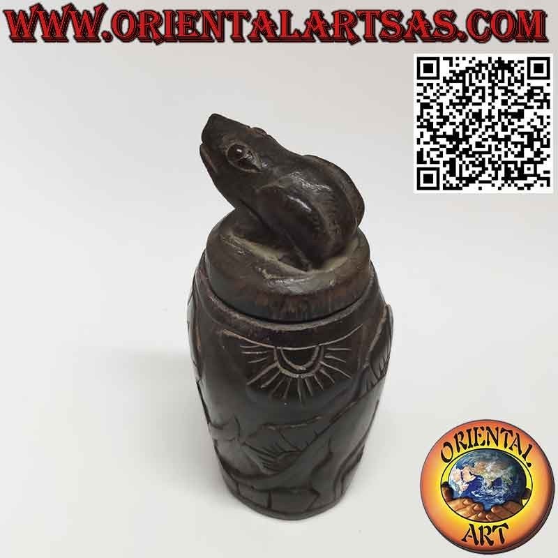 Round medicine box in hand-inlaid wood with frog on the cap