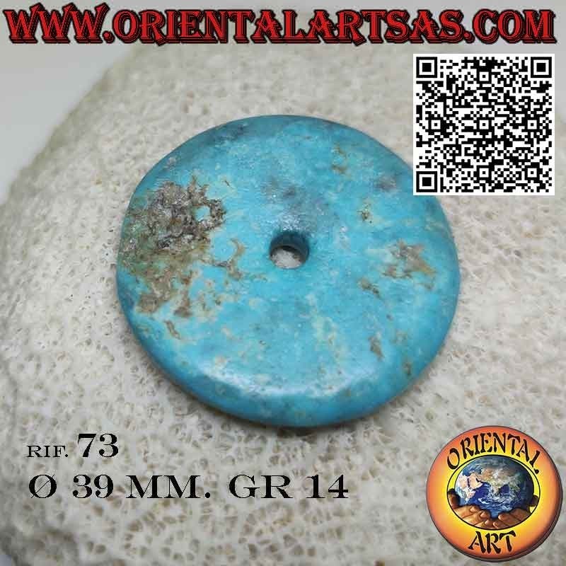Ciondolo a disco/ciambella in turchese tibetano naturale da 39 mm. Ø con cordoncino
