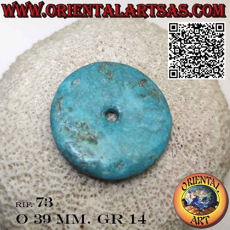 Colgante de rosquilla/disco de turquesa tibetana natural de 39 mm. Ø con cordón