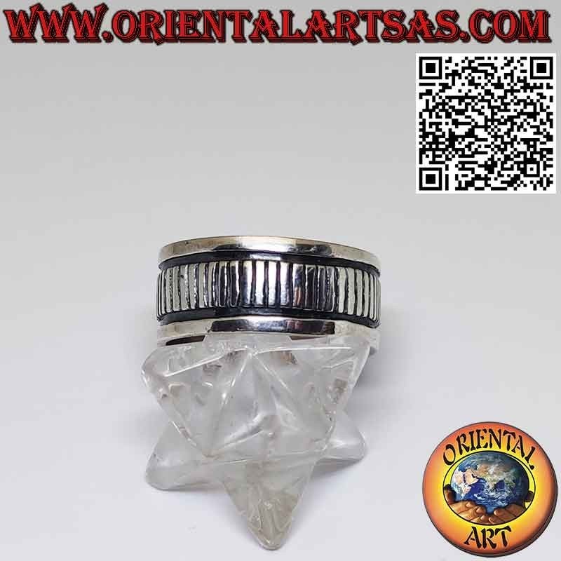 Wide band 925 silver ring with central parallel engraving