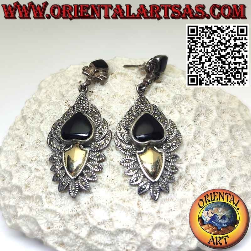 Boucles d'oreilles en argent, avec onyx coeur, plaqué or et marcassite