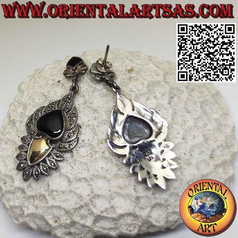 Silberohrringe mit Herz-Onyx, Goldplatte und Markasit