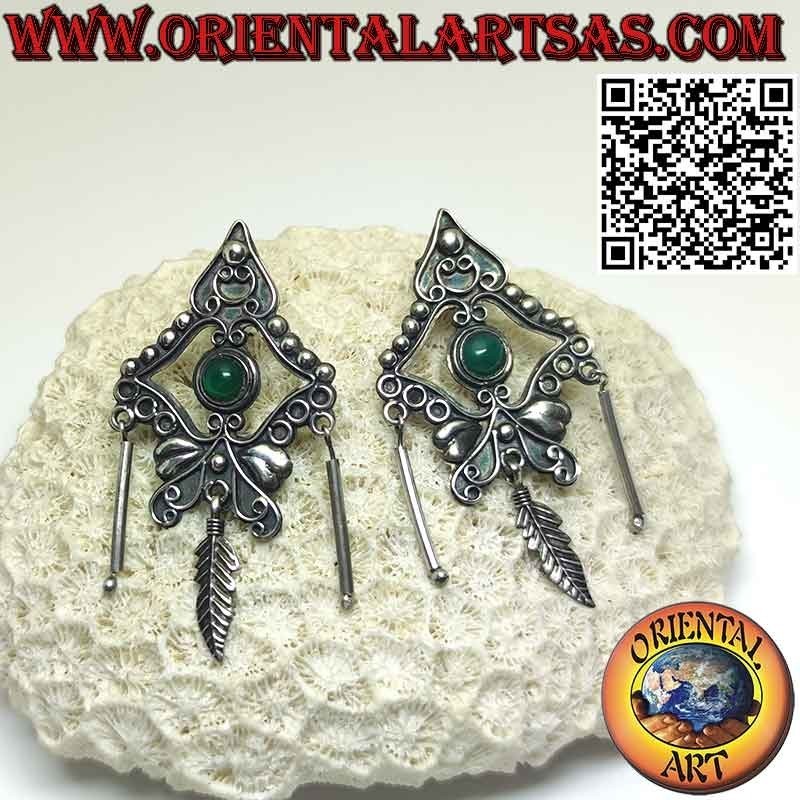 Pendientes de lóbulo de plata con ágata verde redonda, colgantes y pluma