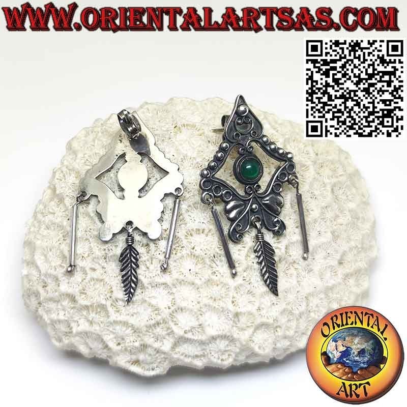 Pendientes de lóbulo de plata con ágata verde redonda, colgantes y pluma