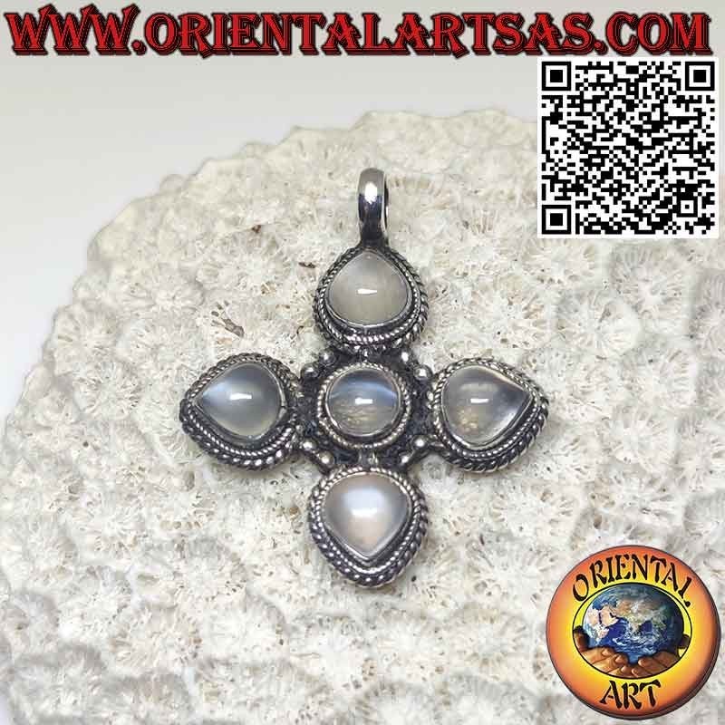Silver pendant, Greek cross with 4 drop and 1 round moonstones