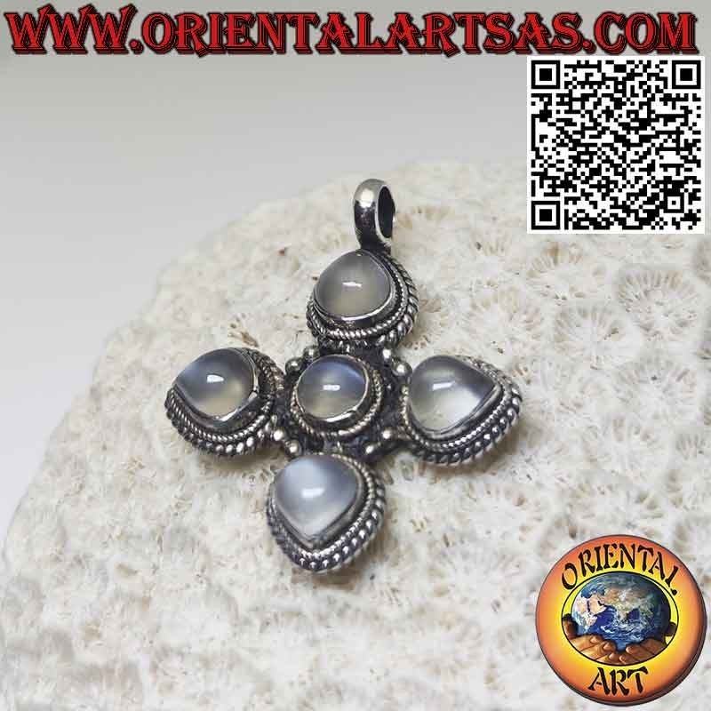 Pendentif en argent, croix grecque avec 4 gouttes et 1 pierre de lune ronde