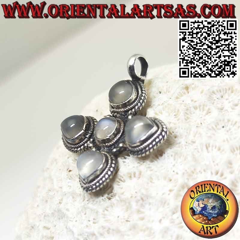 Pendentif en argent, croix grecque avec 4 gouttes et 1 pierre de lune ronde