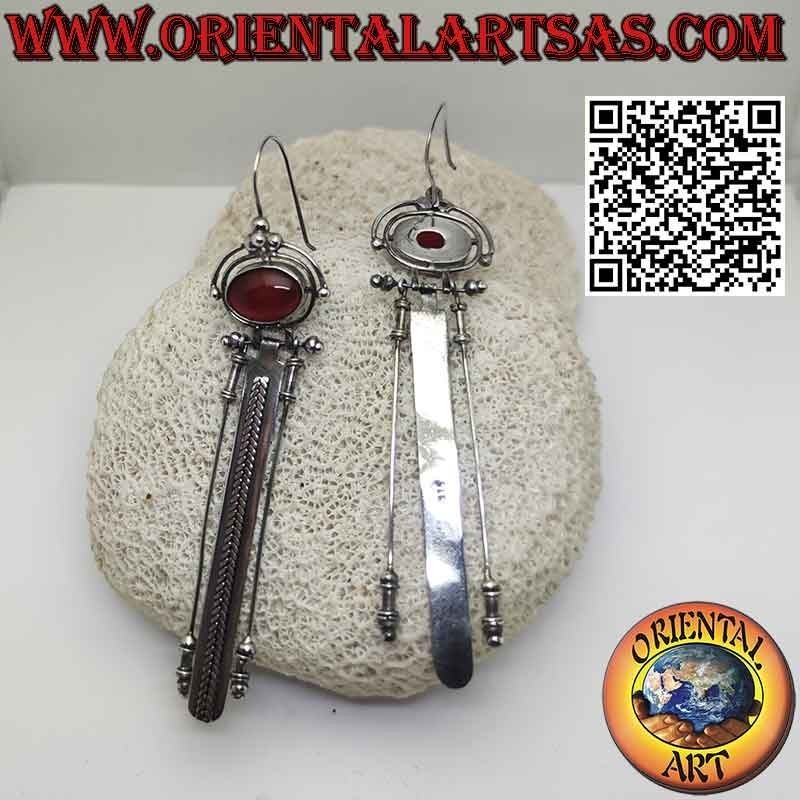 Large silver earrings with oval carnelian and three long pendants