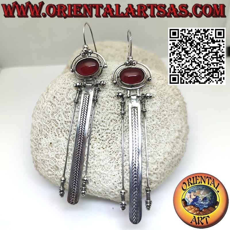 Grandes boucles d'oreilles en argent avec cornaline ovale et trois longs pendentifs