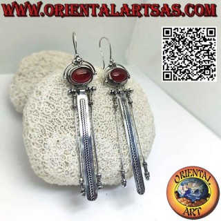 Large silver earrings with oval carnelian and three long pendants