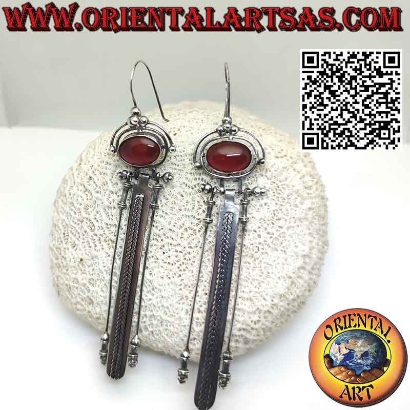 Large silver earrings with oval carnelian and three long pendants