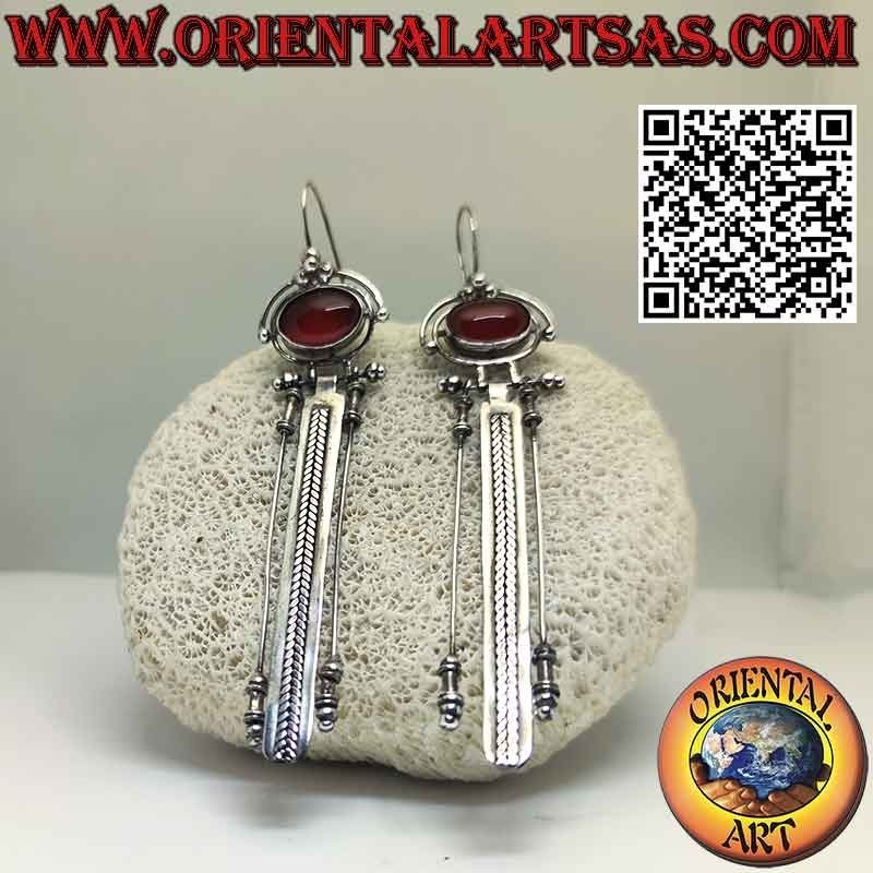 Large silver earrings with oval carnelian and three long pendants
