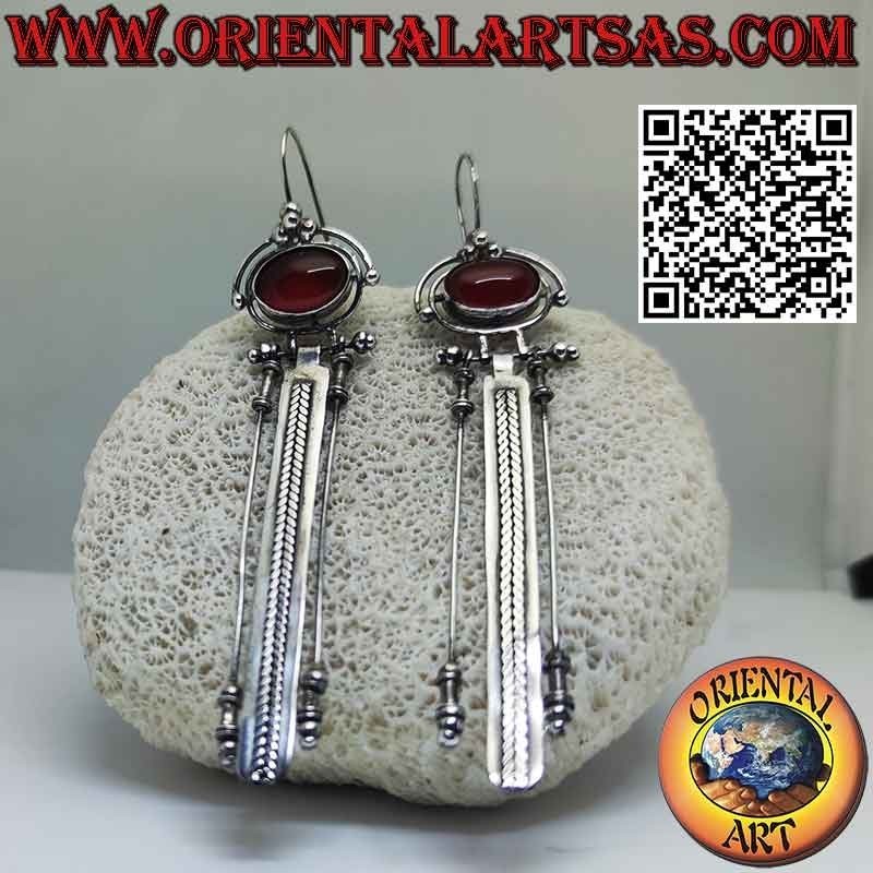 Large silver earrings with oval carnelian and three long pendants