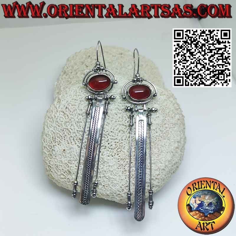 Large silver earrings with oval carnelian and three long pendants