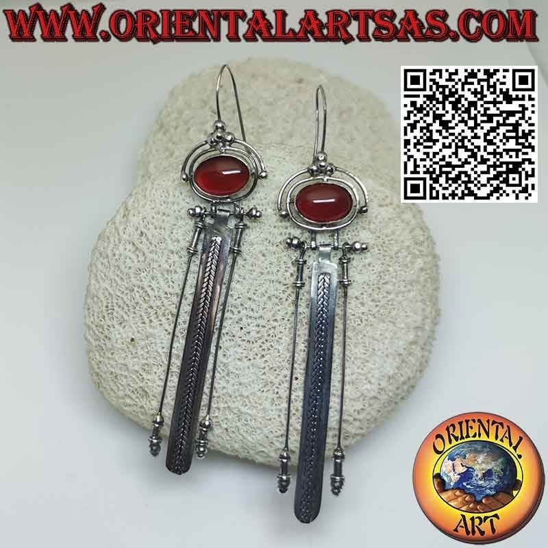 Large silver earrings with oval carnelian and three long pendants