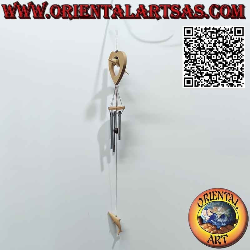 Carillón de viento Bell Dolphin en el corazón y debajo con 5 varillas de madera