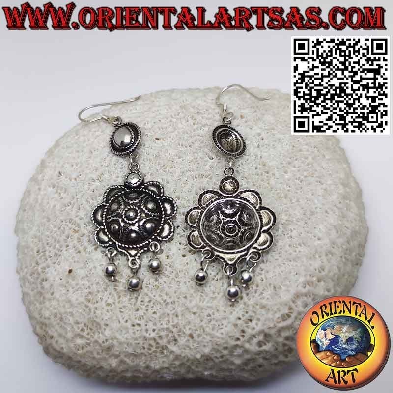 Long silver studded shield earrings with three pendant spheres