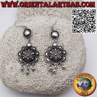 Long silver studded shield earrings with three pendant spheres