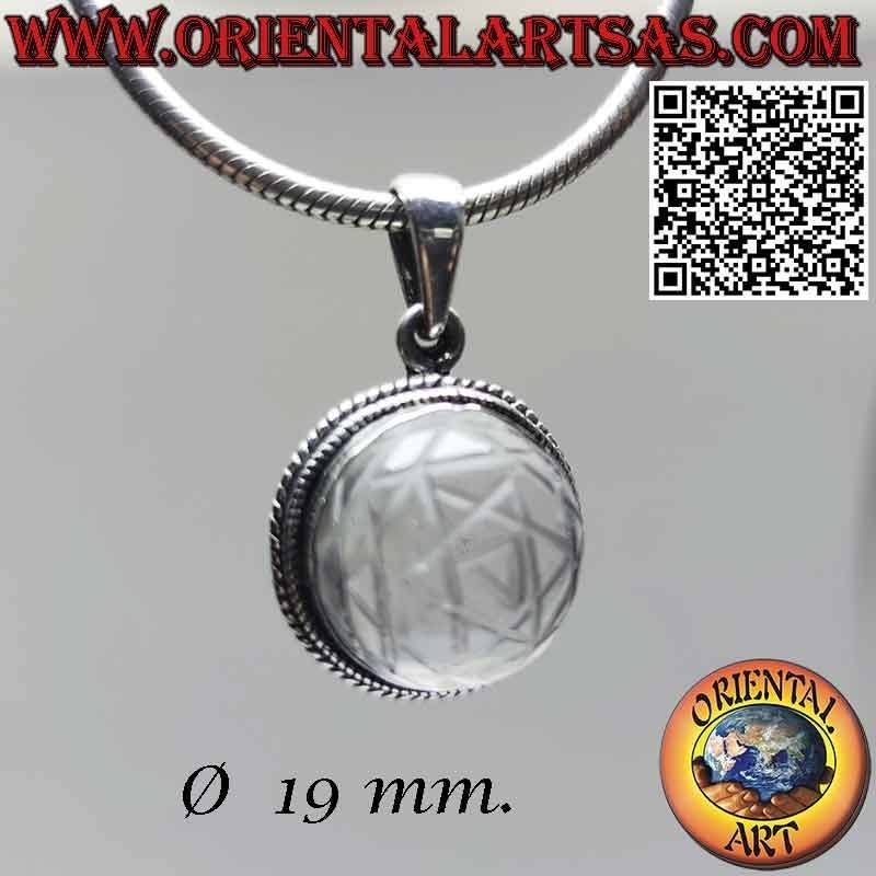 Colgante de plata con Sri Yantra grabado sobre cristal de roca de 19 mm Ø