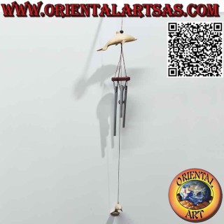 Wind chime with double dolphin above and below in wood with 5 reeds