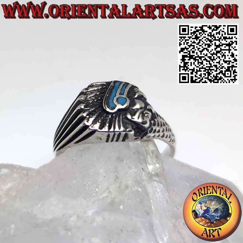 Anillo de plata con cabeza de indio nativo americano y turquesa