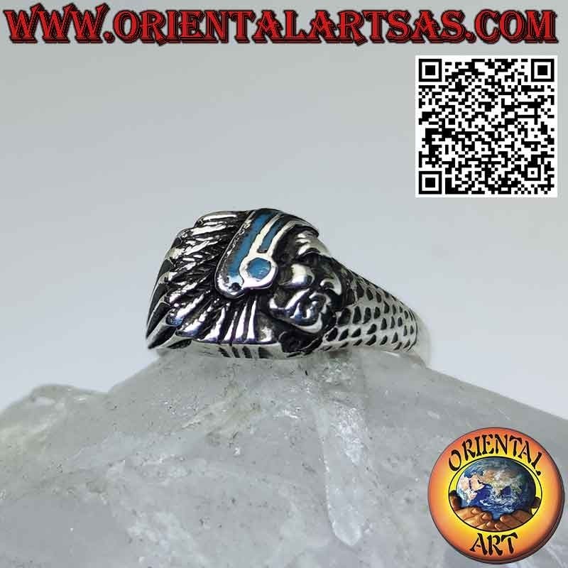 Bague en argent avec tête d'Indien amérindien et turquoise