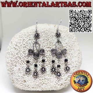 Silver earrings with three spirals and 3 small flowers with hanging onyx