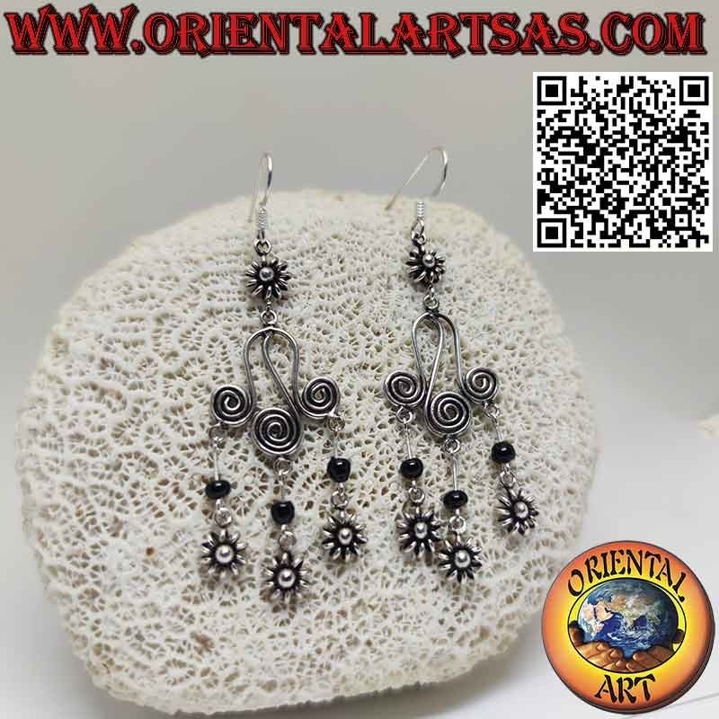 Silver earrings with three spirals and 3 small flowers with hanging onyx