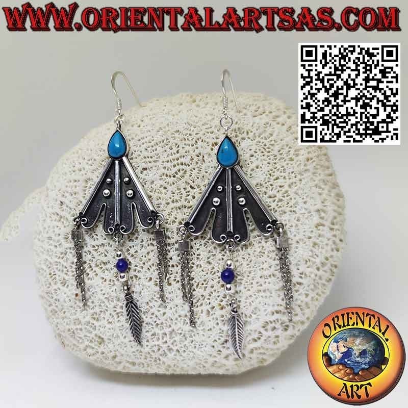 Triangular silver earrings with turquoise and feather pendants