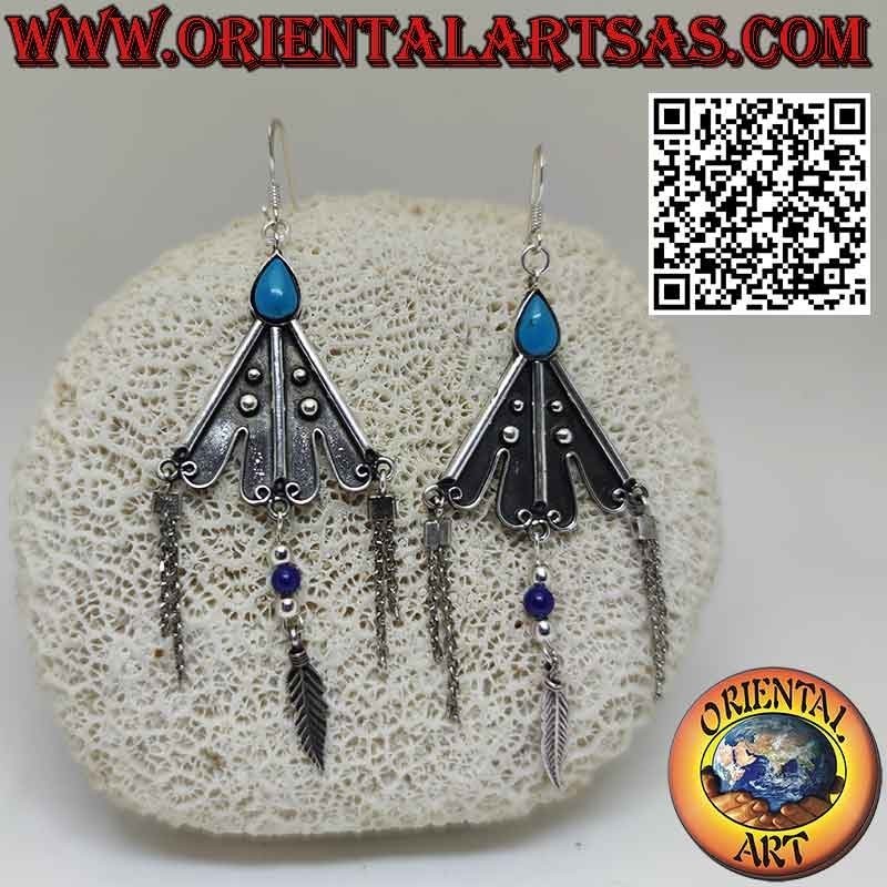 Triangular silver earrings with turquoise and feather pendants