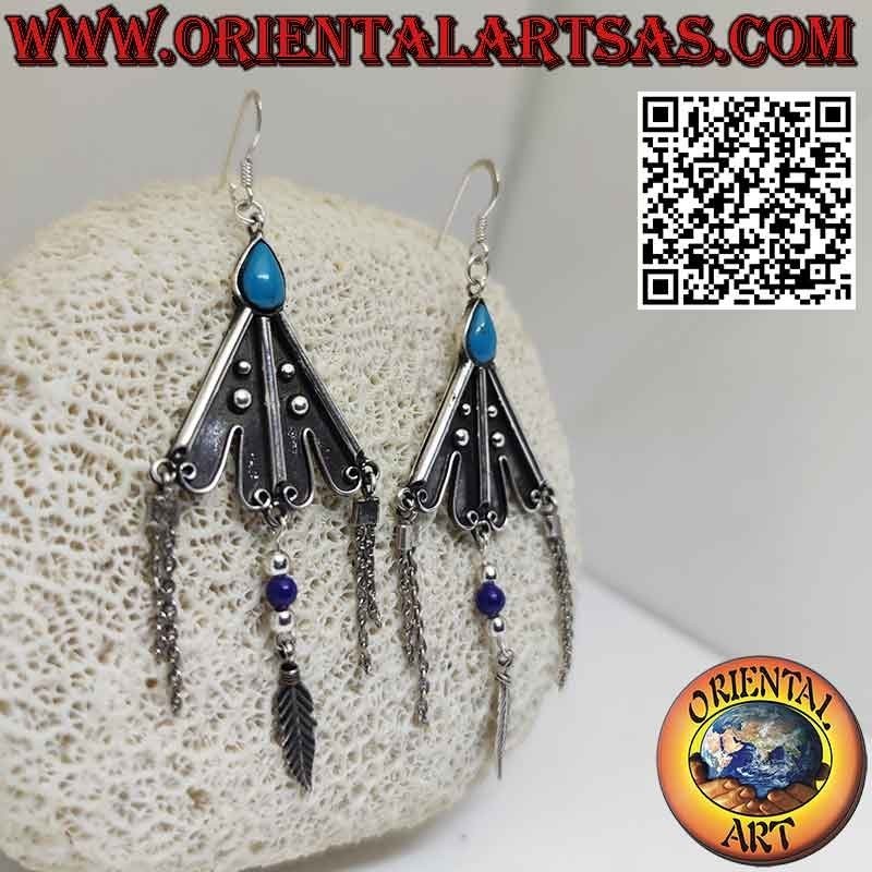 Boucles d'oreilles triangulaires en argent avec pendentifs turquoises et plumes