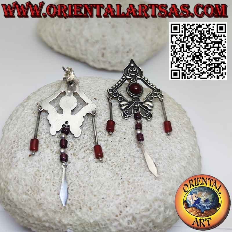 Silver stud earrings with round carnelian and three long pendants