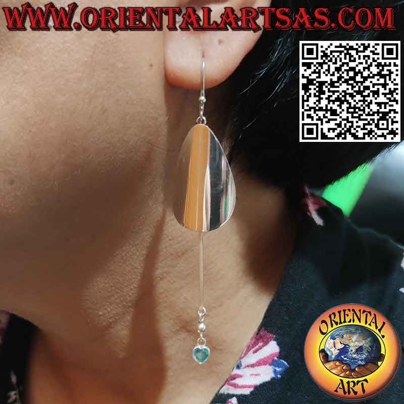 Silver earrings with drop plate and pendant blue topaz heart