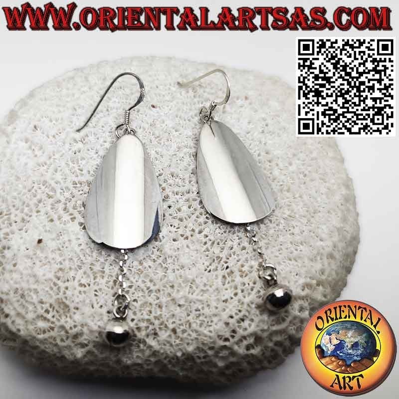 Silver earrings with a drop plate and a pendant ball bell