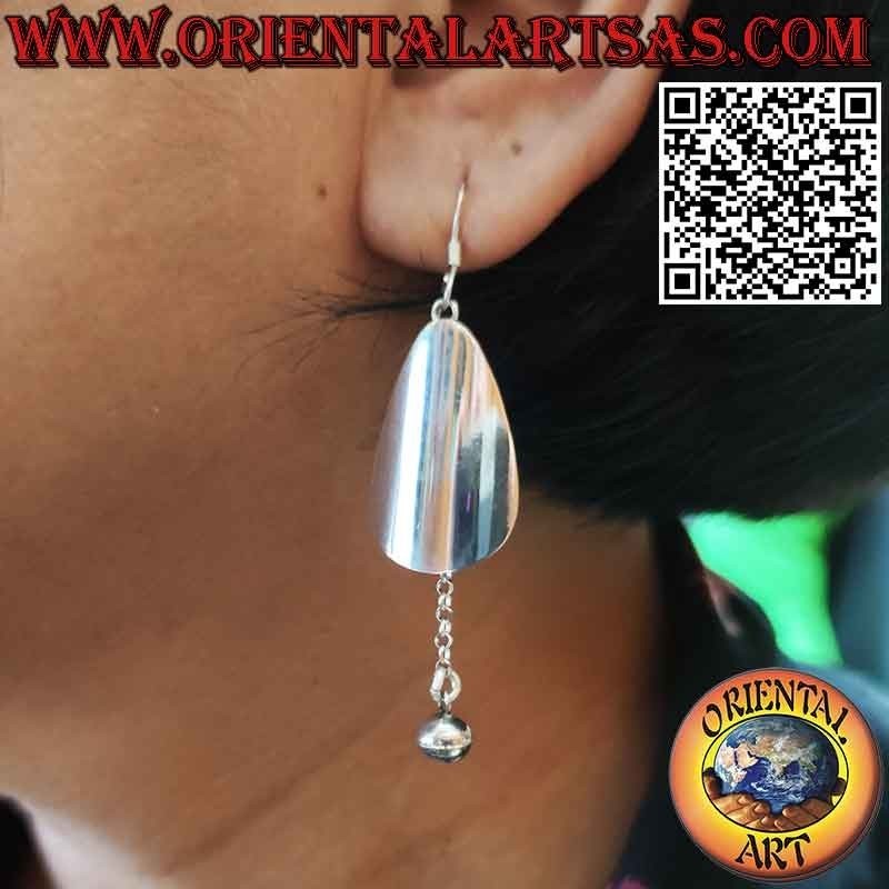 Silver earrings with a drop plate and a pendant ball bell