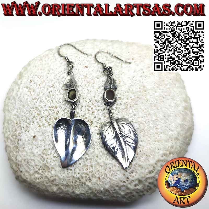 Silver earrings, with oval carnelian and pendant heart-shaped leaf