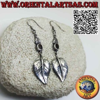 Silver earrings, with oval carnelian and pendant heart-shaped leaf